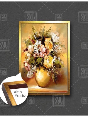 SML Tablo Altın Vazo Içindeki Renkli Çiçekler Papatya Dekoratif Dikey Çerçeveli Kanvas Tablo