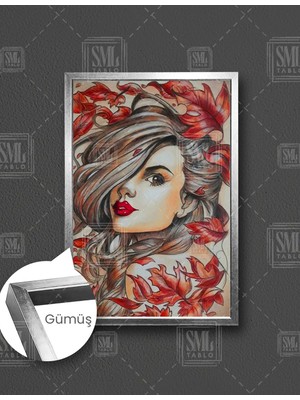 SML Tablo Doğa Kadın Suratı Model Woman Yaprak Dikey Çerçeveli Kanvas Tablo