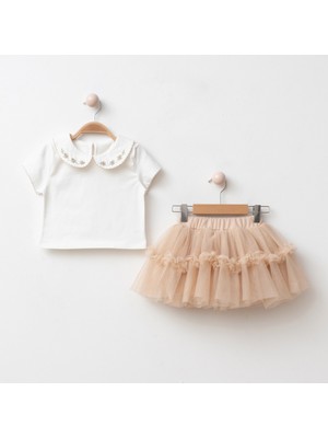 Alina Nakışlı Yaka Tişört Tüllü Etek Kız Çocuk 2’li Takım 4220