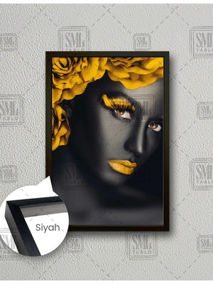 SML Tablo Sarı Gül Saçlı Afrikalı Model Altın Renkli Makyajlı Kadın Dikey Çerçeveli Kanvas Tablo