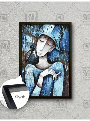 SML Tablo Omuzunda Kuş Konan Üzgün Kadın Modern Dekor Dikey Çerçeveli Kanvas Tablo