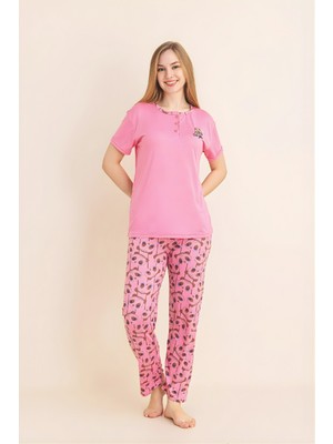 Enisena Kadın Pijama Takımı-Menekşe Kumaş-3 Düğmeli-Yaka BASKILI-12606SF