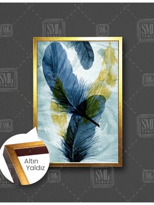 SML Tablo Mavi Gold Turkuaz Havada Uçuşan Kuş Tüyleri Dikey Çerçeveli Kanvas Tablo