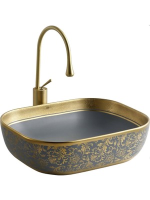 Lena - Tezgah Üstü Porselen Lavabo Gri, Altın Outlet - EH-4290MGA-