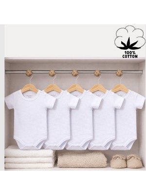 Angeltouch %100 Pamuklu Body Atlet Penye Bisiklet Yaka Beyaz 5'li Set Kız Erkek Bebek Unisex