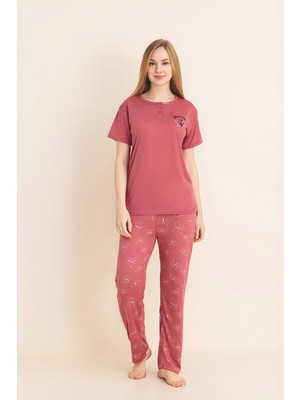 Enisena Kadın Pijama Takımı-Menekşe Kumaş-3 Düğmeli-Yaka BASKILI-12606SF