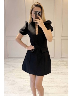 BeeYouStudio Balon Kol Damla Yaka Mini Elbise/siyah S