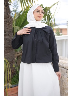 İmaj Butik Siyah Yaka Dantelli Poplin Gömlek