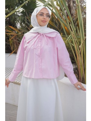 İmaj Butik Pembe Yaka Dantelli Poplin Gömlek