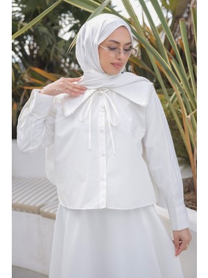 İmaj Butik Ekru Yaka Dantelli Poplin Gömlek