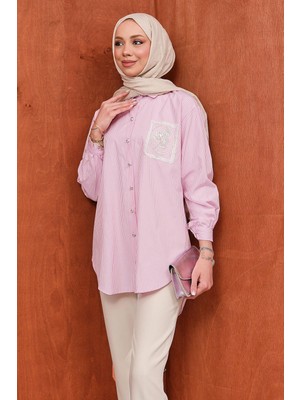 İmaj Butik Pembe Düğmeli Çizgili Taş Detaylı Gömlek
