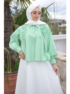 İmaj Butik Yeşil Omuz Büzgülü Gömlek