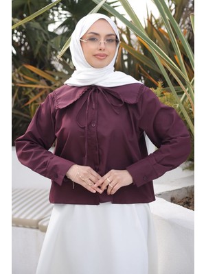 İmaj Butik Mürdüm Yaka Dantelli Poplin Gömlek