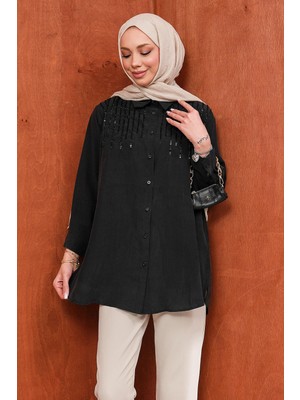 İmaj Butik Siyah Pul Payet Işlemeli Gömlek