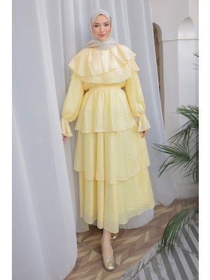 İmaj Butik Sarı Yakalı Katlı Beli Lastikli Elbise