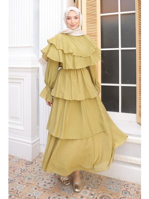 İmaj Butik Yağ Yeşili Yakalı Katlı Beli Lastikli Elbise