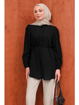 İmaj Butik Siyah Bel Bağlamalı Düğmeli Gömlek