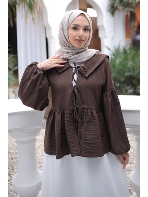 İmaj Butik Kahverengi Kol Lastikli Ön Bağlamalı Gömlek
