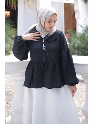 İmaj Butik Siyah Kol Lastikli Ön Bağlamalı Gömlek