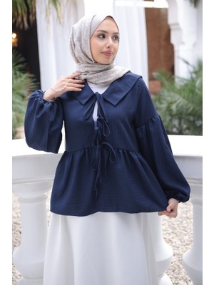 İmaj Butik Lacivert Kol Lastikli Ön Bağlamalı Gömlek