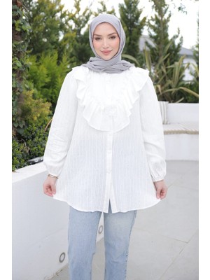 İmaj Butik Ekru Yaka Detaylı Kol Lastikli Çizgili Gömlek