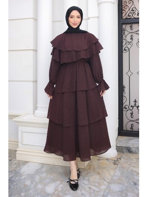 İmaj Butik Kahverengi Yakalı Katlı Beli Lastikli Elbise