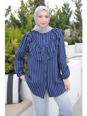 İmaj Butik Lacivert Yaka Detaylı Kol Lastikli Çizgili Gömlek
