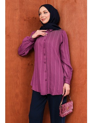 İmaj Butik Mürdüm Taş Detaylı Düğmeli Gömlek