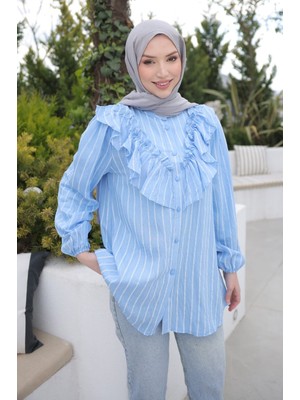 İmaj Butik Bebe Mavi Yaka Detaylı Kol Lastikli Çizgili Gömlek