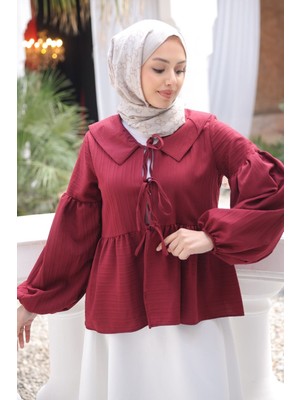İmaj Butik Bordo Kol Lastikli Ön Bağlamalı Gömlek