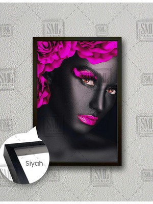 SML Tablo Pembe Gül Saçlı Afrikalı Model Pembe Renkli Makyajlı Kadın Dikey Çerçeveli Kanvas Tablo