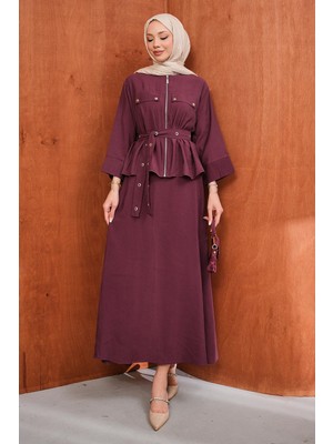 İmaj Butik Mürdüm Fermuarlı Kuşgözlü Kemerli Ceket Etekli Takım