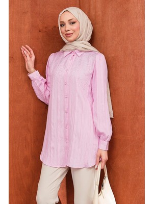 İmaj Butik Pembe Taş Detaylı Düğmeli Gömlek