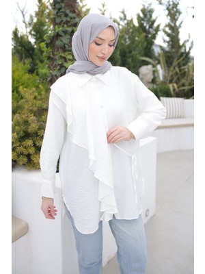 İmaj Butik Ekru Önü Fırfır Detaylı Gömlek