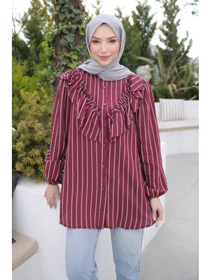 İmaj Butik Bordo Yaka Detaylı Kol Lastikli Çizgili Gömlek