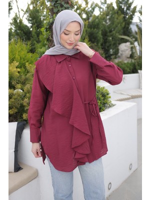 İmaj Butik Bordo Önü Fırfır Detaylı Gömlek