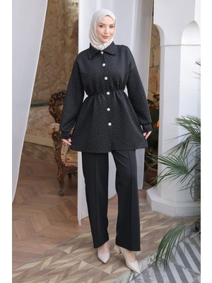 İmaj Butik Siyah Taş Detaylı Bel Lastikli Tunik Pantolonlu Scuba Takım
