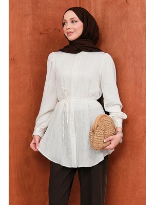 İmaj Butik Ekru Bel Bağlamalı Düğmeli Gömlek
