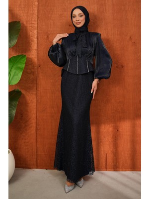 İmaj Butik Lacivert Yaka Detaylı Güpürlü Abiye