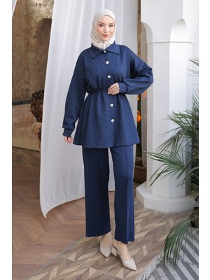 İmaj Butik Lacivert Taş Detaylı Bel Lastikli Tunik Pantolonlu Scuba Takım
