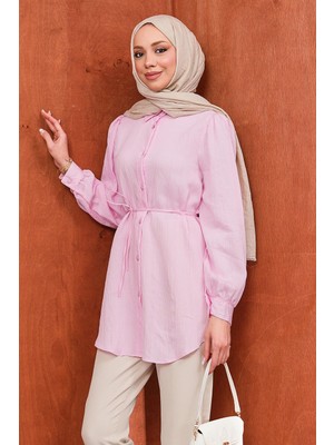 İmaj Butik Pembe Bel Bağlamalı Düğmeli Gömlek