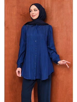 İmaj Butik Lacivert Taş Detaylı Düğmeli Gömlek
