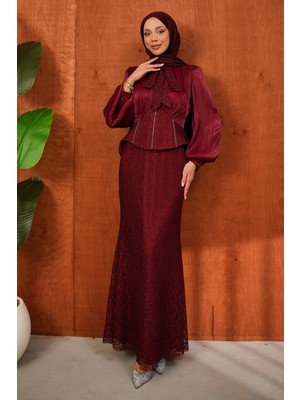 İmaj Butik Bordo Yaka Detaylı Güpürlü Abiye
