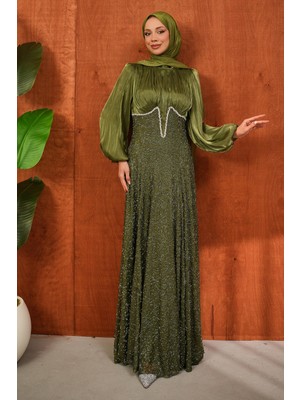 İmaj Butik Yeşil Boncuk Işlemeli Balık Model Abiye