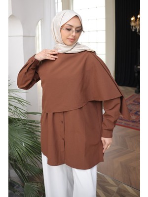 İmaj Butik Kahverengi Omuz Bronş Detaylı Gömlek