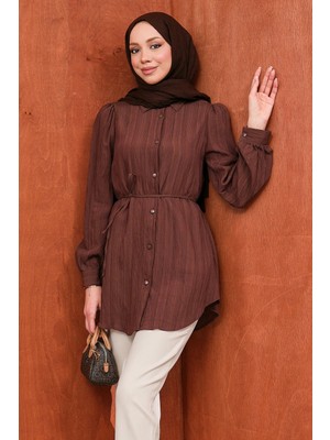 İmaj Butik Kahverengi Bel Bağlamalı Düğmeli Gömlek