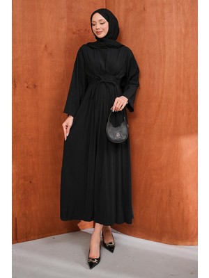 İmaj Butik Siyah Bel Bağlamalı Piliseli Elbise