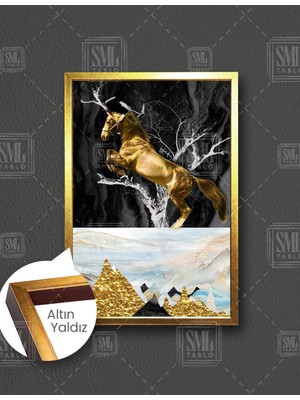 SML Tablo Şaha Kalkmış Altın At Gold Mermer Dekoratif Modern Dikey Çerçeveli Kanvas Tablo