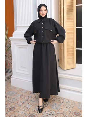 İmaj Butik Siyah Yarasa Kol Asimetrik Cepli Ceket Etekli Takım