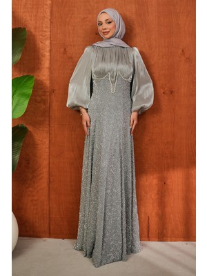İmaj Butik Gri Boncuk Işlemeli Balık Model Abiye
